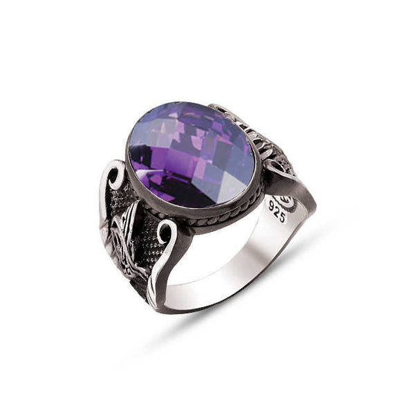 Silver Faceted Amethyst Zircon Stone Edges Ottoman Coat of Arms and Ottoman Tughra Ring