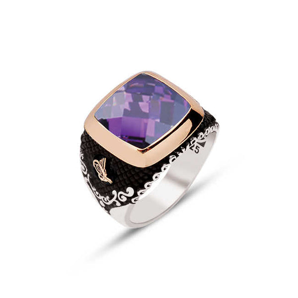 Silver Faceted Amethyst Zircon Stone Edged Ottoman Tughra Ring