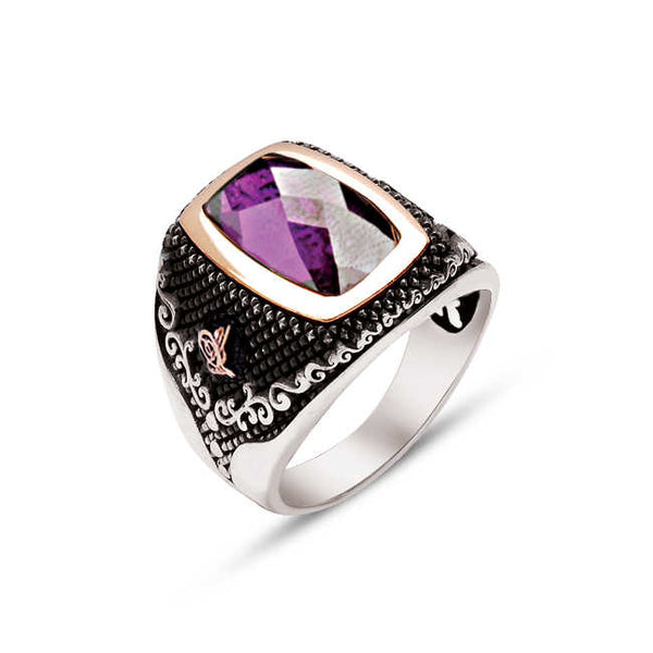 Silver Faceted Amethyst Zircon Stone Sides Ottoman Tughra Ring