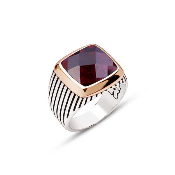 Sterling Silver Faceted Garnet Zircon Stone Striped Ring