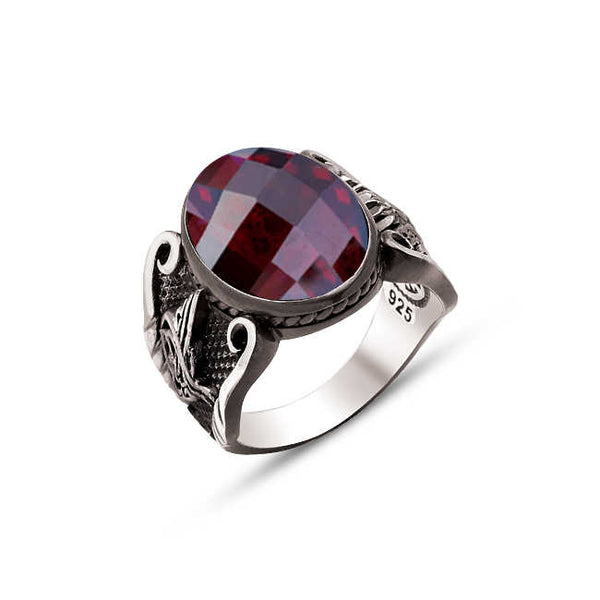 Silver Faceted Garnet Zircon Stone Edges Ottoman Coat of Arms and Ottoman Tughra Ring