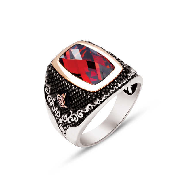Silver Faceted Garnet Zircon Stone Sides Ottoman Tughra Ring