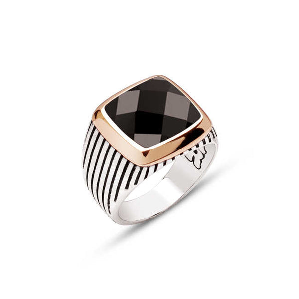 Silver Faceted Black Zircon Stone Striped Ring