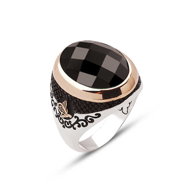 Silver Faceted Black Zircon Stone Edged Ottoman Tughra Ring