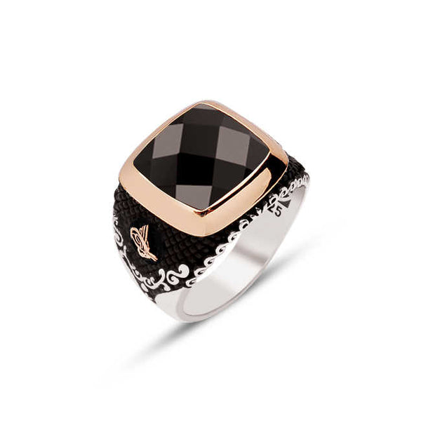 Silver Faceted Black Zircon Stone Edged Ring With Tughra