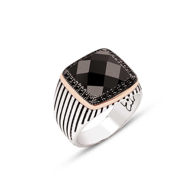 Silver Facet Black Zircon Stone Black Zircon Stone Ornament Striped Ring