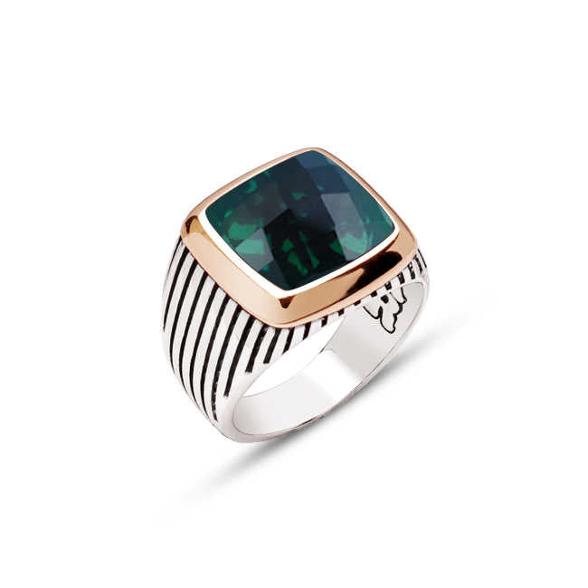 Silver Faceted Green Zircon Stone Striped Ring