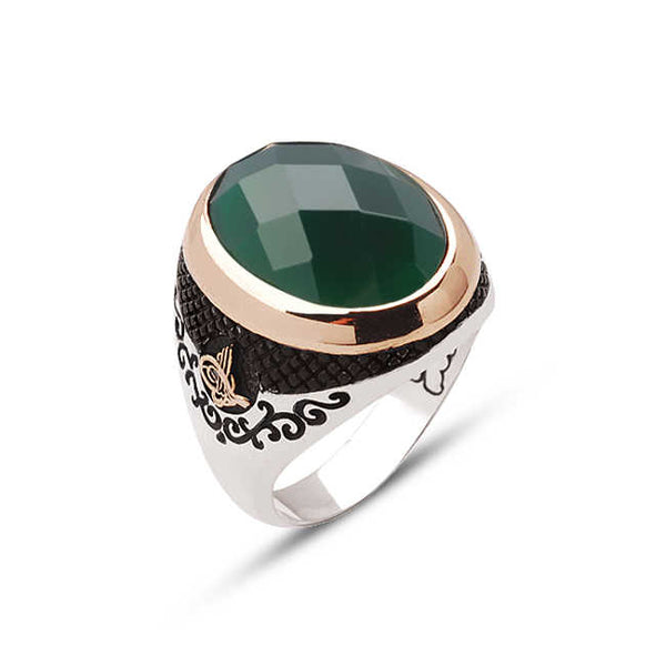 Silver Faceted Green Zircon Stone Edged Ottoman Tughra Ring