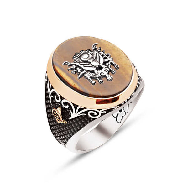 Silver Tiger Eye on Stone Ottoman Coat of Arms Ring
