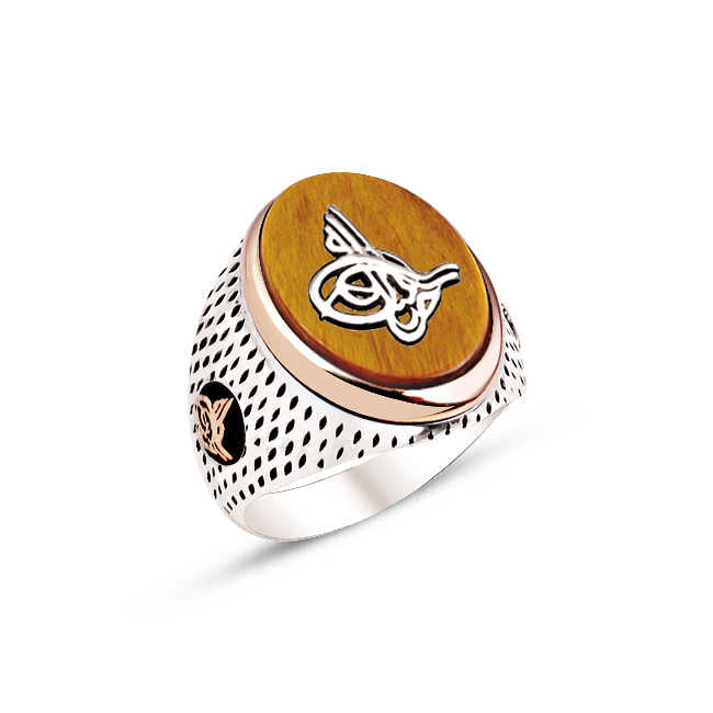 925s Silver Ottoman Tughra Signet Ring with Tiger Eye Stone