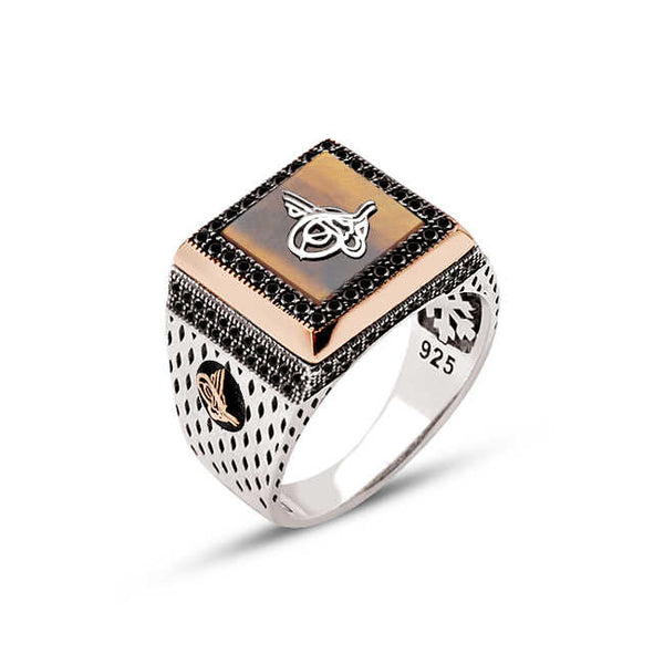 925s Silver Tiger Eye Stone-on Ottoman Tughra Zircon Ornament Square Pattern Ring with Tughra on the Edges