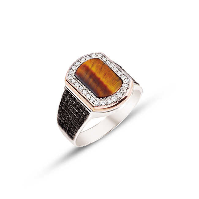 Sterling Silver 925K Ring for Men with Tiger Eye Stone and White Zircon Decoration