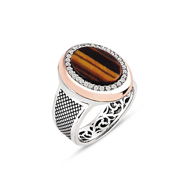 Sterling Silver 925K Ring for Men with Tiger Eye Stone and Zircon Decoration