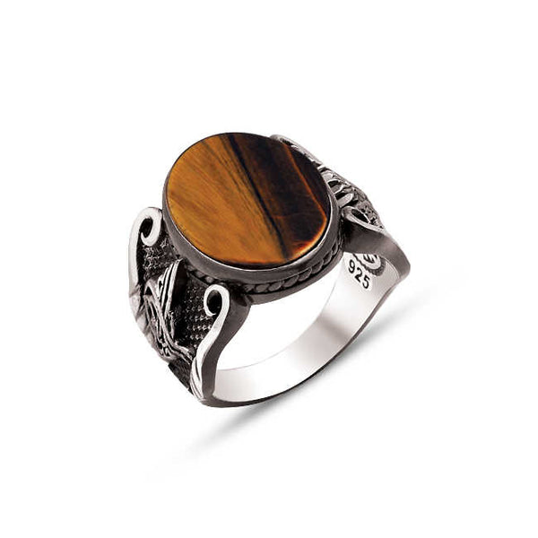 Silver Tiger Eye Stone Edged Ottoman Coat of Arms and Ottoman Tughra Ring