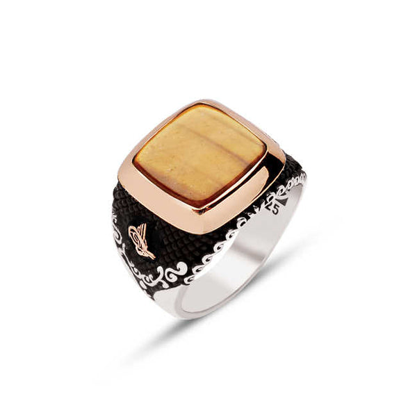 Tiger Eye Stone Edged Ring with Tughra in Sterling Silver