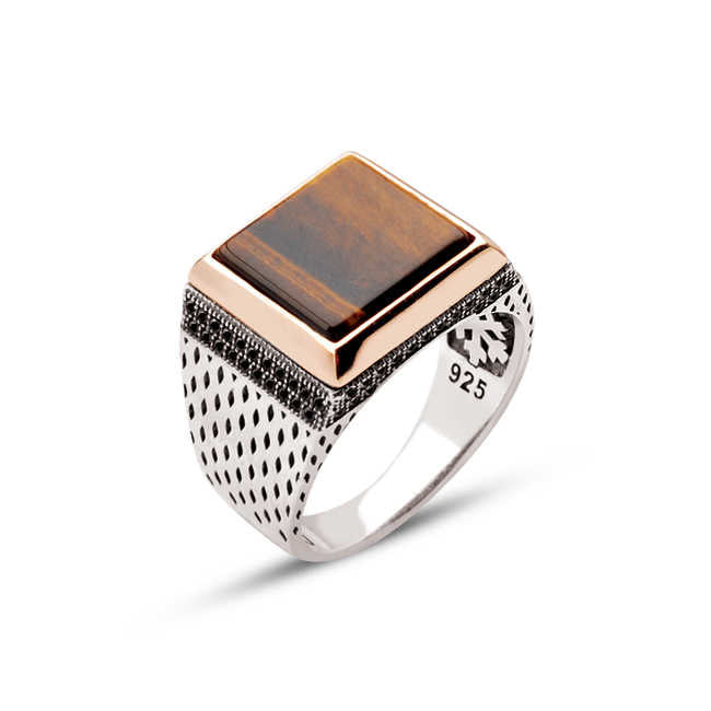 Sterling Silver Tiger Eye Stone Square Ring with Zircon Ornament