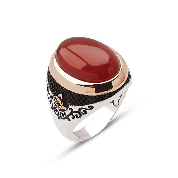 Silver Hooded Agate Stone Edged Ottoman Tughra Ring