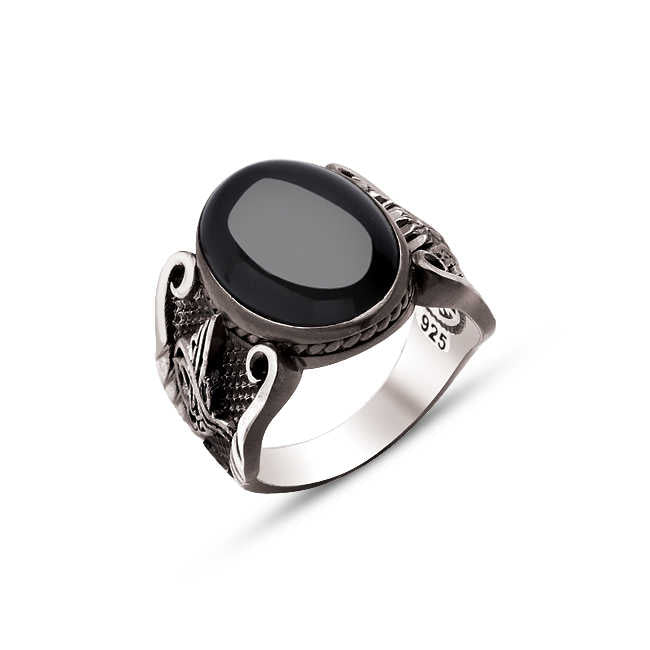 Silver Hooded Onyx Stone Edged Ring with Ottoman Coat of Arms and Ottoman Tughra