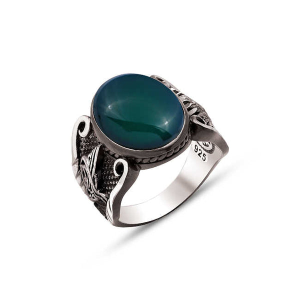 Silver Hood Green Agate Stone Edged Ottoman Coat of Arms and Ottoman Tughra Ring