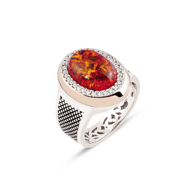 Amber stone sterling silver men ring with zircon ornament