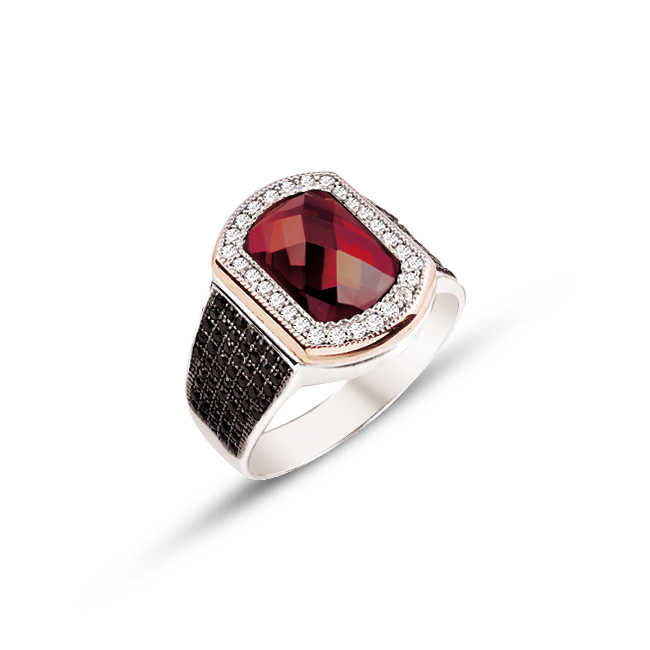 Silver Red Facet Stone Round Zircon Ornamented Men's Ring