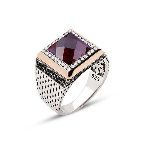 Silver Red Facet Stone Square Model Men's Ring with White Zircon Ornaments