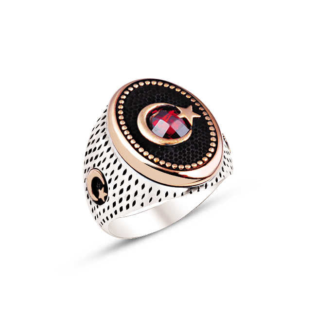 Silver Red Zircon Stone Top and Side Moon and Star Motive Ring