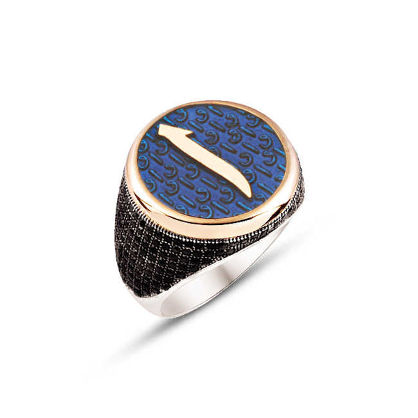 Silver Blue Enameled Elif-Themed Men's Ring Embellished with Black Zircon Stone on the Sides