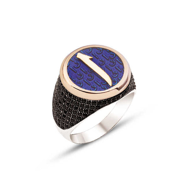 Silver Blue Enameled Elif Vav Themed Men's Ring