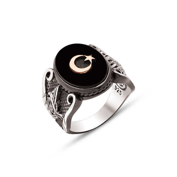 Silver Onyx Stone Moon and Star Themed Edges Ottoman Coat of Arms and Ottoman Tughra Ring