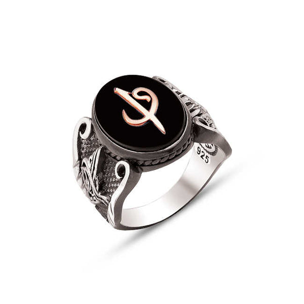 Silver Onyx Stone Top Elif Vav Themed Edges Ottoman Coat of Arms and Ottoman Tughra Ring