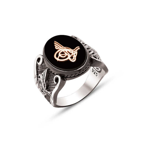 Silver Onyx Stone Ring with Ottoman Tughra, Edges with Ottoman Coat of Arms and Ottoman Tughra