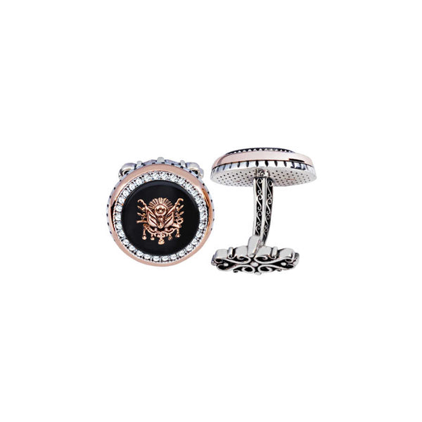 White Zircon Engraved Round Cufflink with Ottoman Coat of Arms on Silver Onyx Stone