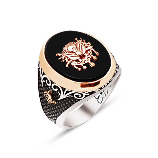 Silver Onyx Stone Ottoman Coat of Arms Ring