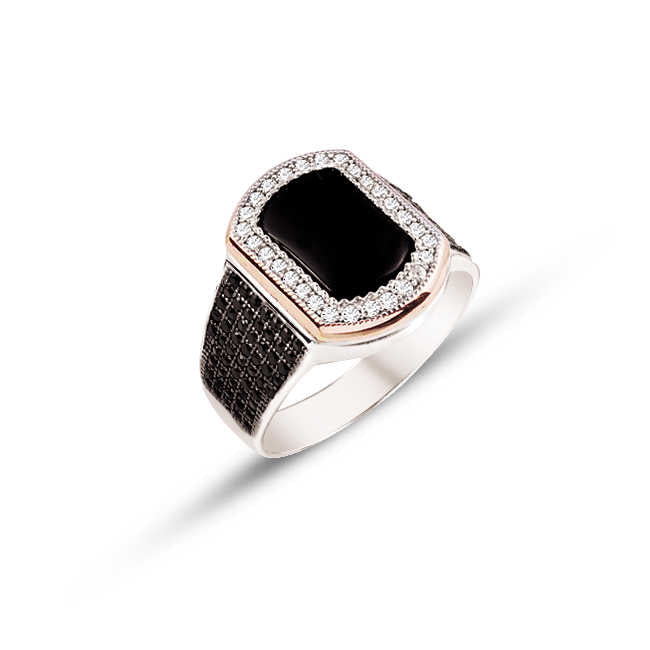 Silver Onyx Stone Men's Ring with Zircon Decoration