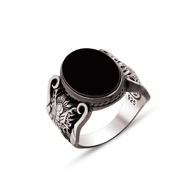 Silver Onyx Stone Edged Ring with Ottoman Coat of Arms and Ottoman Tughra