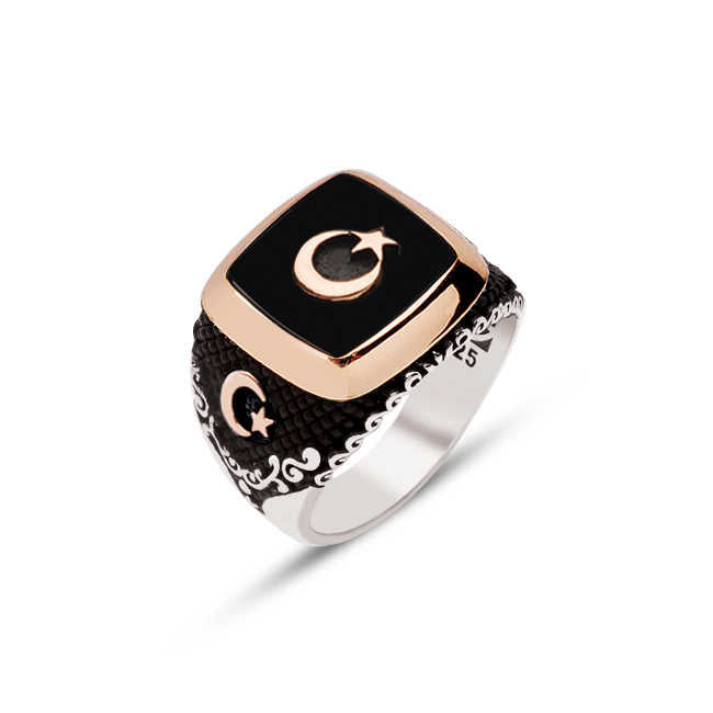 Silver Onyx Stone Top and Edges Moon and Star Ring