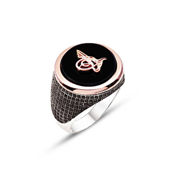 Silver Onyx Stone and Tughra on the Sides Adorned with Black Zircon Stone Men's Ring