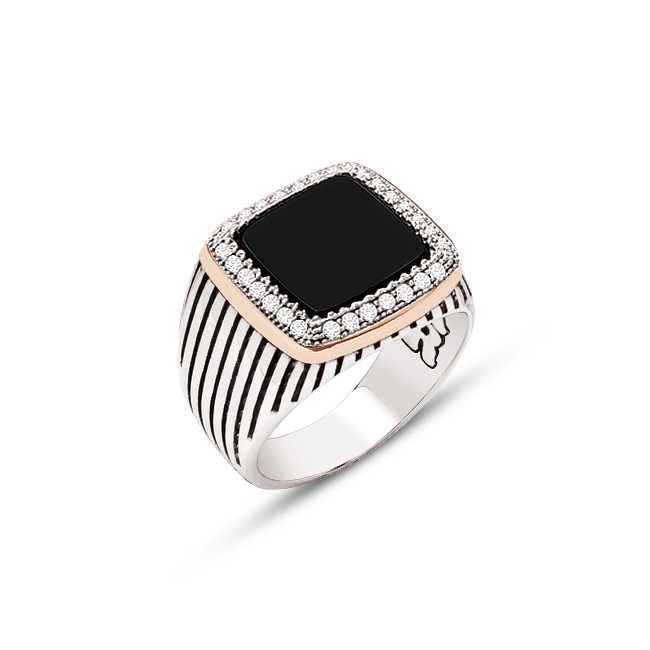 Sterling Silver Onyx Stone Ring with White Zircon on the Sides and Stripes