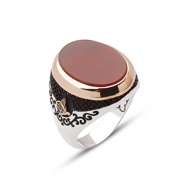 Silver Oval Facet Cut Agate Stone Side Ring with Tughra