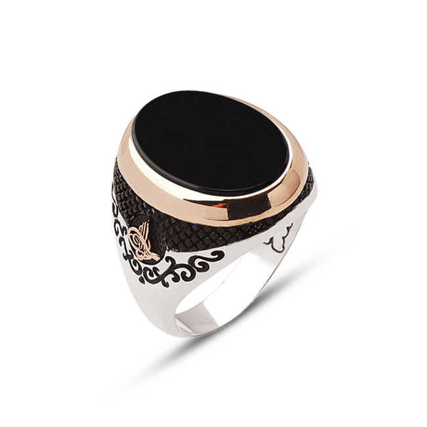 Silver Oval Facet Cut Onyx Stone Side Ring with Tughra