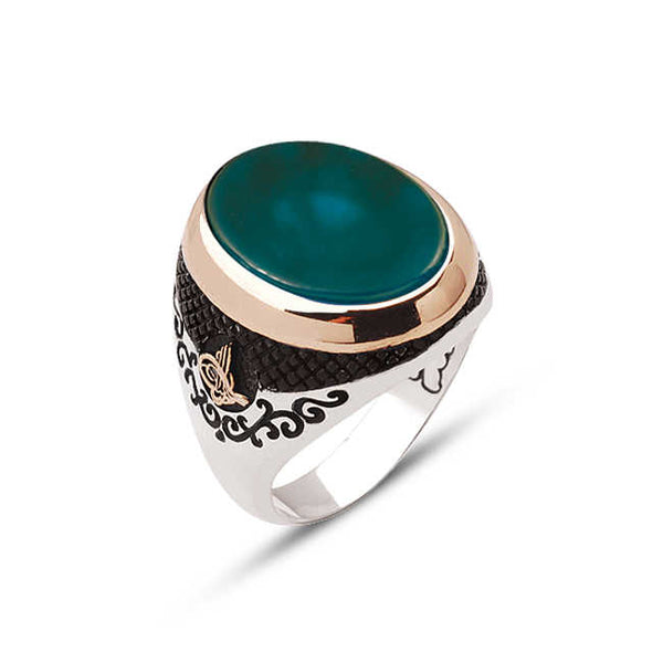 Silver Oval Facet Cut Green Agate Stone Side Ring with Tughra