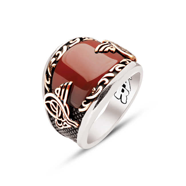 Silver Special Facet Cut Agate Edges Inlaid Ottoman Tughra Men's Ring