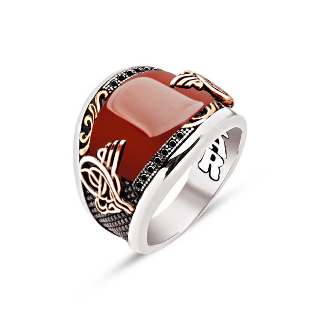 Silver Special Facet Cut Agate Edged Motive and Black Zircon Inlaid Ottoman Coat of Arms Men's Ring