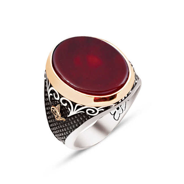Silver Special Facet Cut Agate Stone Edges Ottoman Tughra Engraved Ring