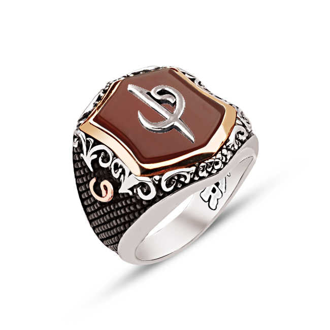 Silver Special Facet Cut Agate Stone Top Elif Vav Themed Side Vav Engraved Ring