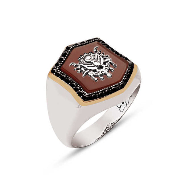 Silver Special Facet Cut Agate Stone On Ottoman Coat Of Arms Edges Zircon Inlaid Ring