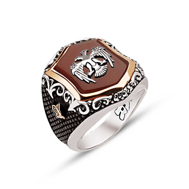Silver Special Facet Cut Agate Stone Top Seljuk Coat of Arms Tughra Engraved Ring