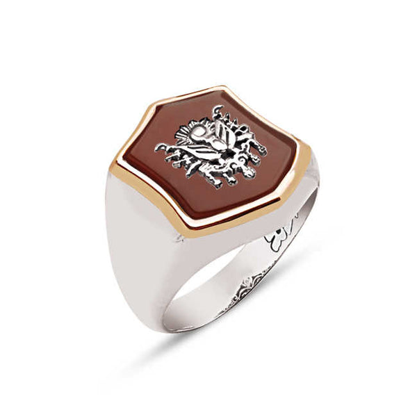 Silver Special Facet Cut Agate Stone Over Ottoman Coat of Arms Ring