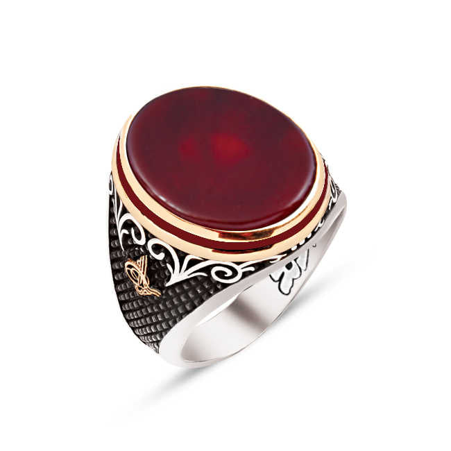 Silver Special Facet Cut Agate Stone Red Enameled Ottoman Tughra Engraved Ring